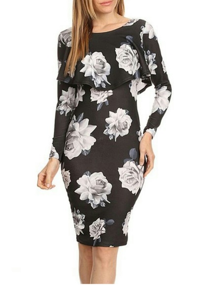 Gray Floral Ruffle Bodice Bodycon Dress - - Picture 1 of 4